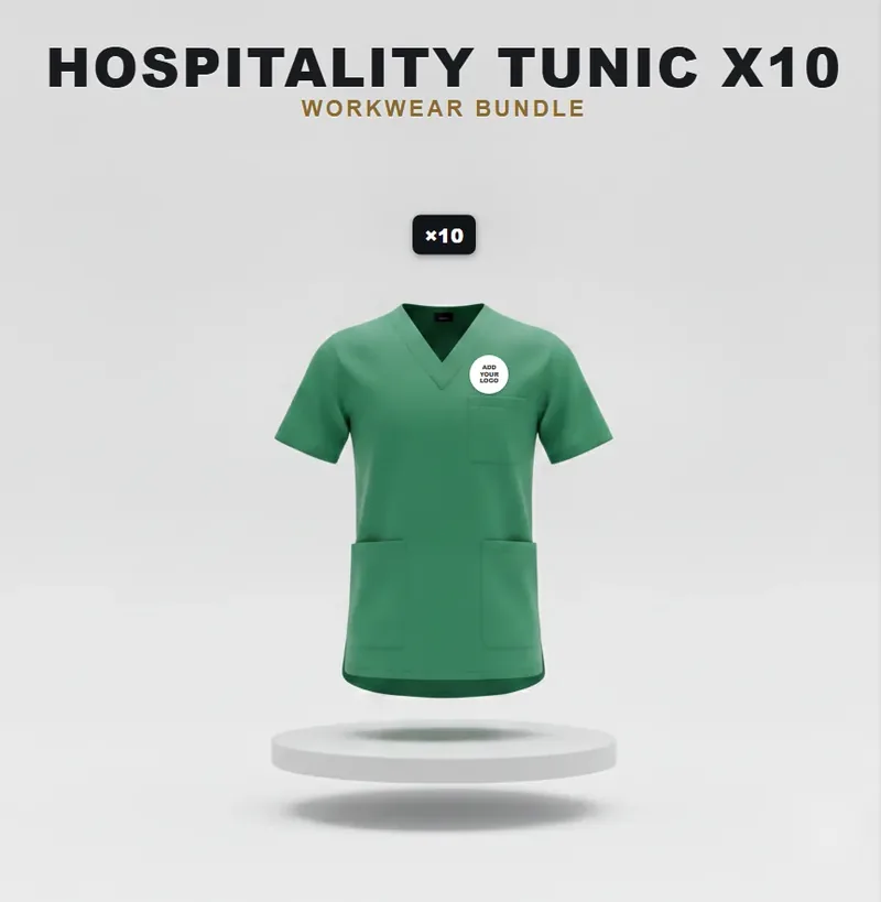 10 tunics: the garments in the kit, each with a logo