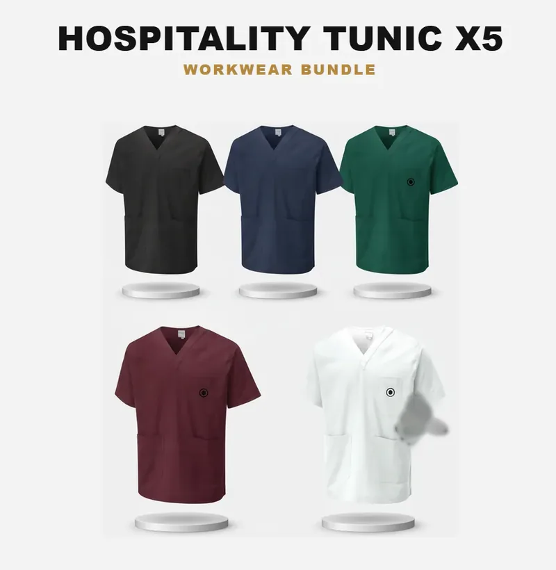 5 tunics: the garments in the kit, each with a logo
