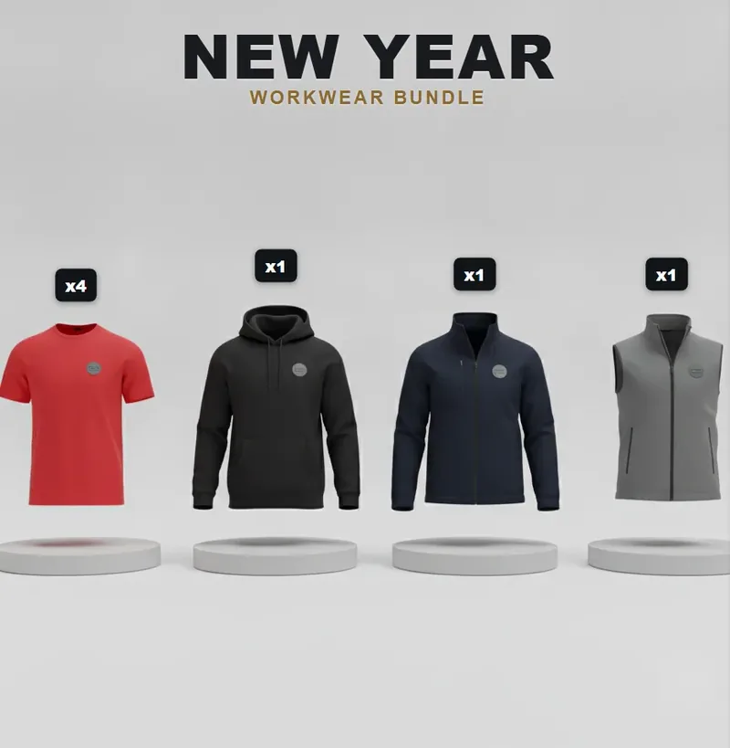 New year pack: the garments in the kit, each with a logo