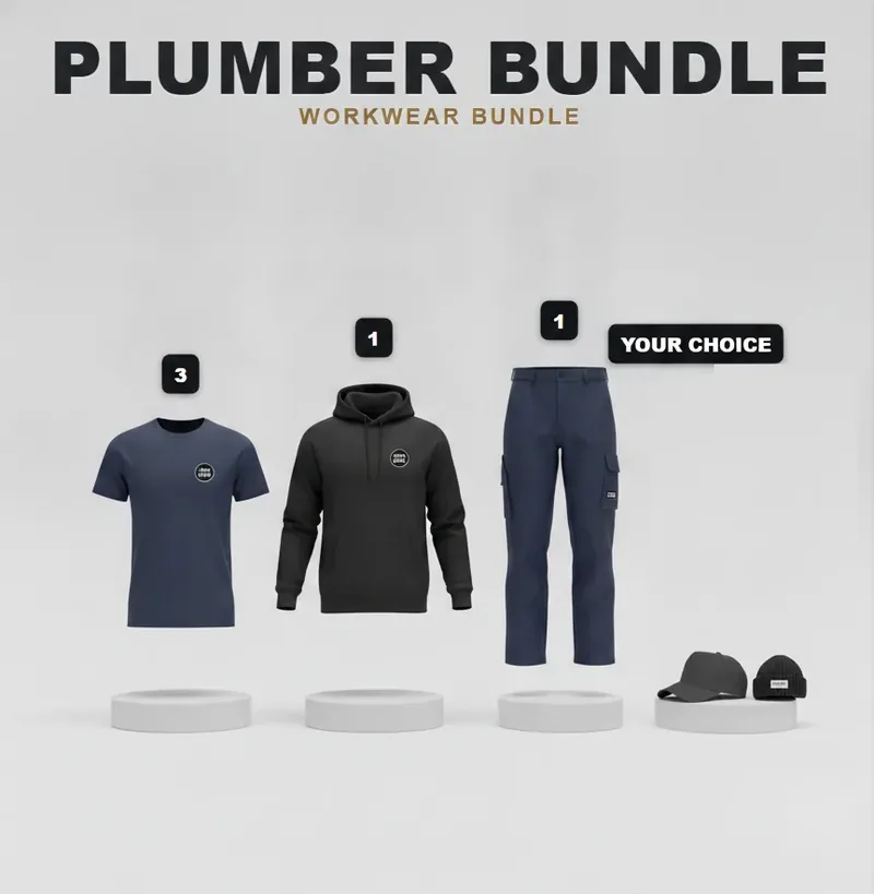 Plumber's kit: the garments in the kit, each with a logo