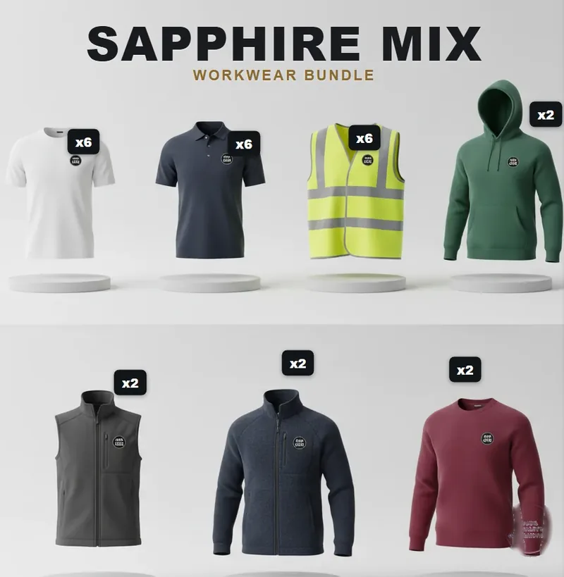 Sapphire pack: the garments in the kit, each with a logo
