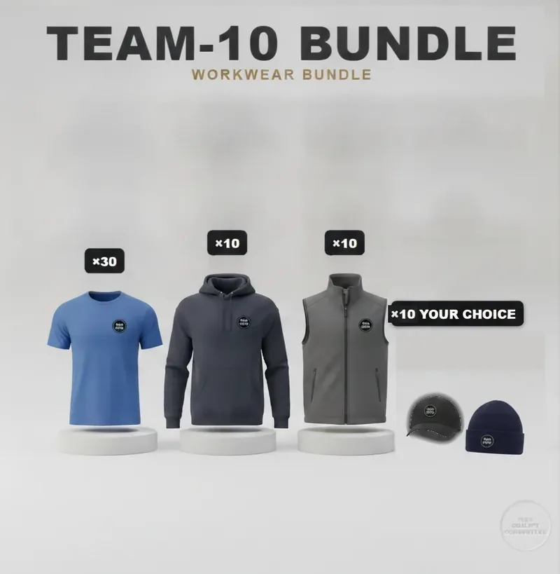 Team of 10 kit: the garments in the kit, each with a logo