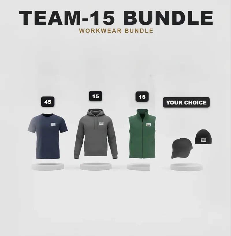Team of 15 kit: the garments in the kit, each with a logo