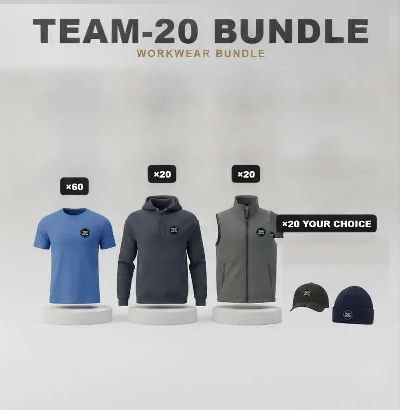 Team of 20 kit: the garments in the kit, each with a logo