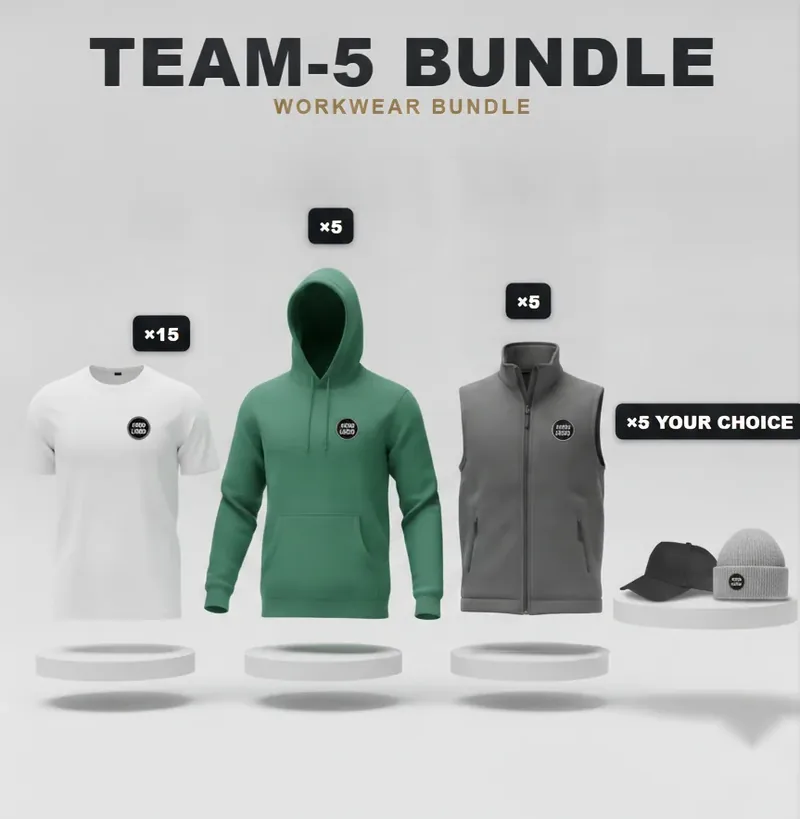 Team of 5 kit: the garments in the kit, each with a logo
