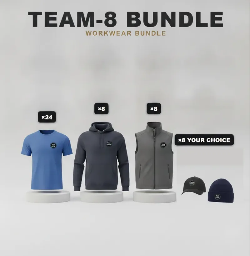 Team of 8 kit: the garments in the kit, each with a logo