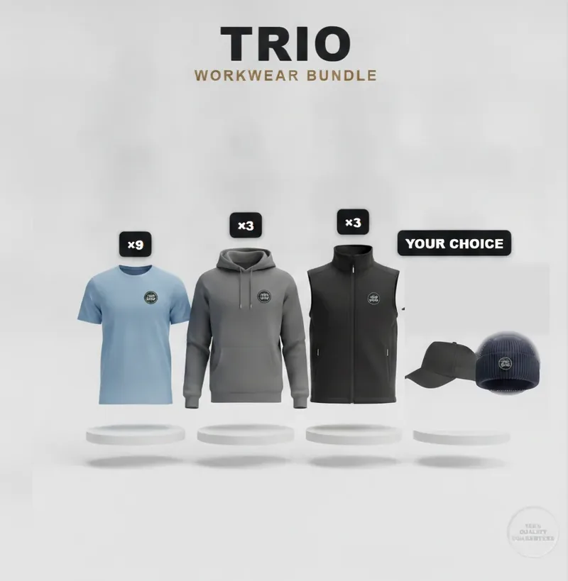 Team of 3 kit: the garments in the kit, each with a logo