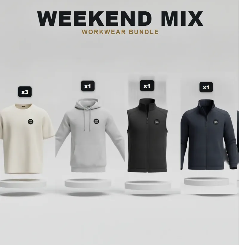 Weekend pack: the garments in the kit, each with a logo