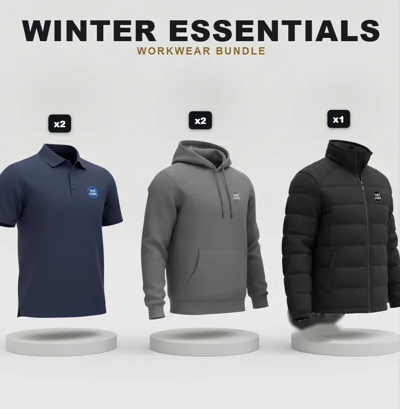 Winter essentials pack: the garments in the kit, each with a logo